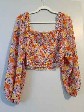 Forever 21 Floral Smocked Crop Top in Orange, Yellow, Pink, Purple